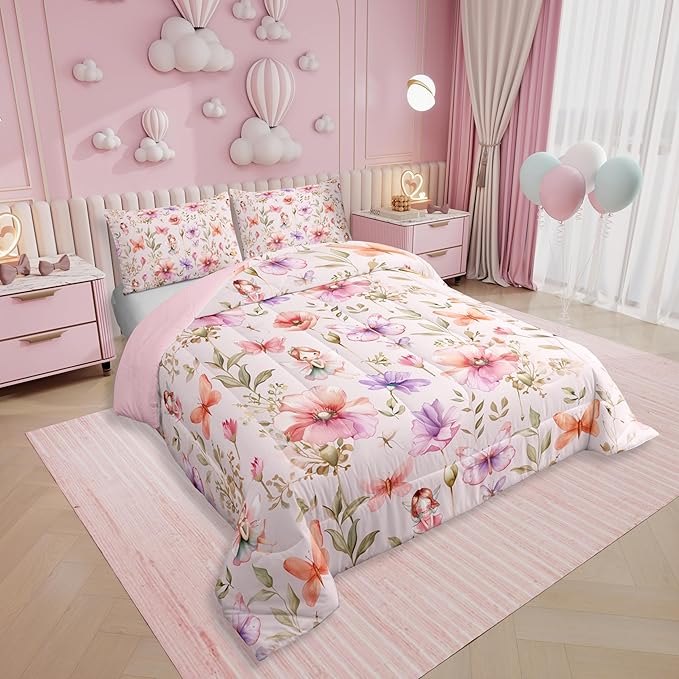Erosebridal Fairy & Floral Twin Comforter Set - Butterfly Flower Bedding Sets for Girls Kids, Pink Purple Flowers Garden Bed Set | Whimsical Fairies Room Decor with 1 Pillowcase