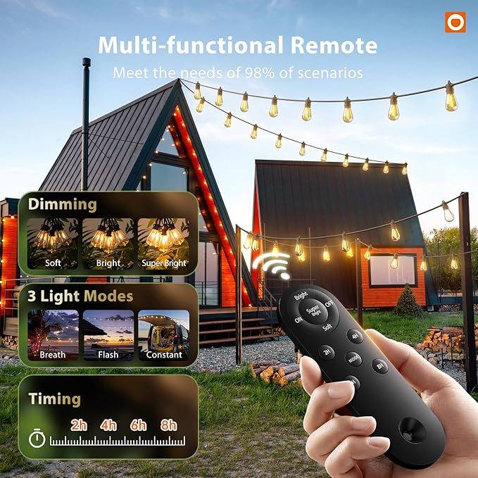 addlon 54FT(48+6) Solar String Lights Outdoor Waterproof with USB Charging & Remote Control - Dimmable Solar Power Patio Lights with LED Bulbs for Porch, Garden, Yard, Market, Bistro - Last for 20+Hrs