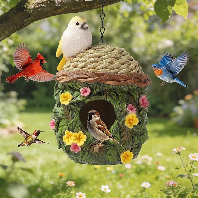 Bird Houses for Outside Bird Nesting Design Resin Birdhouse, Garden Outdoor Decor Bird House with Flower and Leaf Details, Birdhouses for Outdoors for Bluebird Finches Cardinals