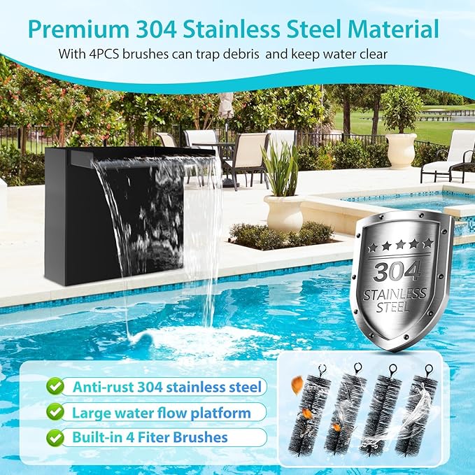 POPOSOAP Pond Waterfall Spillway with Pump Kit, 13.4" H x 12" W Stainless Steel Pond Waterfall Box with Pond Pump, Filtration, 10FT Corrugated Tubing for Outdoor Garden Pond Spillway
