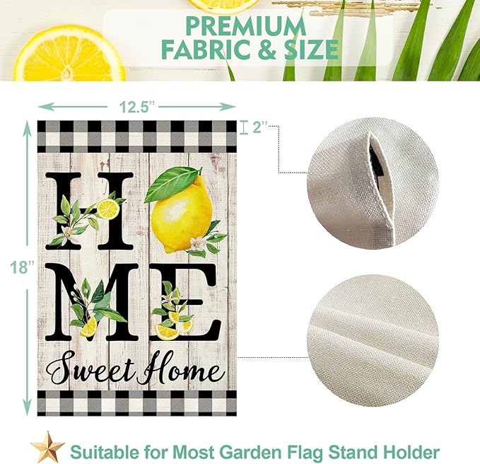 ORTIGIA Summer Lemon Garden Flag 12.5 x 18 Inch Double Sided Burlap Home Sweet Home Yellow Fruit Small Yard Flag Farmhouse Holiday Seasonal Outdoor Outside Decoration
