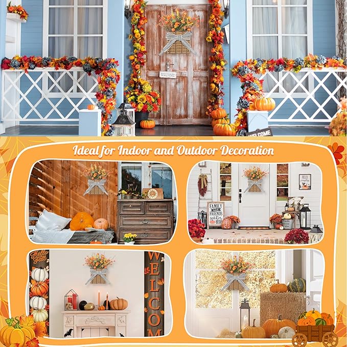 Thanksgiving Fall Door Hanger Basket Wreath Orange Pumpkin Wreath, Artificial Autumn Pumpkin Wreaths with Mixed Leaves Sunflower for Front Door Indoor Outdoor Decor Farmhouse Harvest Orange Wreaths