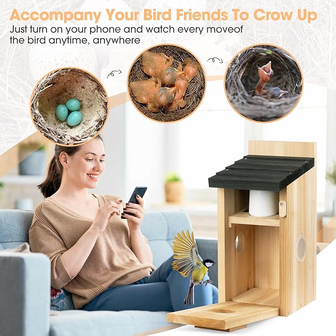 Smart Bird House with AI Identify Camera, 1080P Birdhouse Camera Solar Powered, Bird Houses for Outside Switch to Night Vision Automatically, 2.4G WiFi App to Observe Bird Activities in Real Time