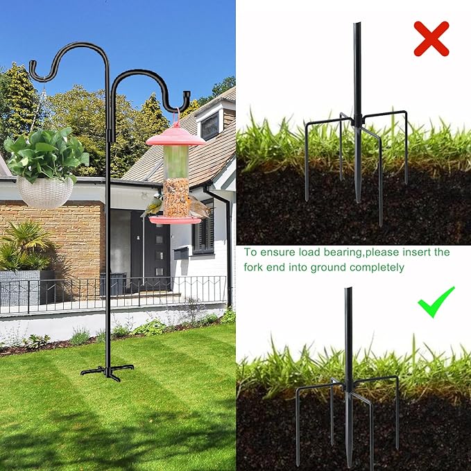 Double Shepherds Hook for Outdoor,94 Inch Bird Feeder Pole with 5 Prongs Base, Heavy Duty Adjustable Garden Hook for Hanging Plant, Solar Light, Lantern, Weddings Decor, Hummingbird Feeder(1 Pack)
