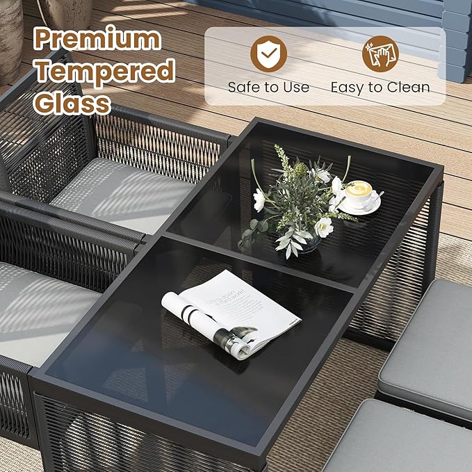 Tangkula 5 Pieces PE Wicker Patio Dining Set, Outdoor Conversation Set with Cushions, Space-Saving Patio Rattan Chair and Tempered Glass Table Set with Ottomans for Garden, Backyard & Poolside