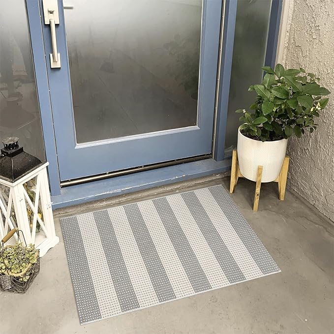 Striped Grey and White Outdoor Rug 2x3,Washable Reversible Front Door Mat Cotton Hand-Woven Porch Rug, Foldable Spring Layered Door Mats for Entryway/Farmhouse