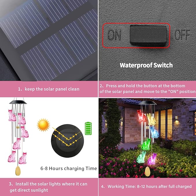 Cat Solar Wind Chimes for Outside - AIONASA Color Changing LED Solar Hanging Lights Outdoor, Waterproof Windchimes Outdoors Hanging Gifts for Mom Grandma Women, Home Garden Patio Yard Porch Decoration