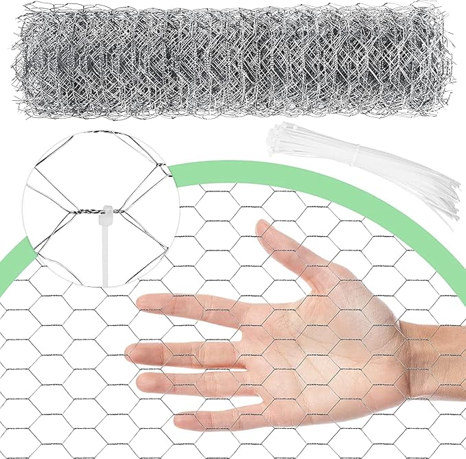 Chicken Wire 16.9 in x 590.5 in Poultry Wire Netting Hexagonal Galvanized Mesh Garden Fence Barrier for Pet Rabbit Chicken Fencing with 100 Pcs Cable Zip Ties