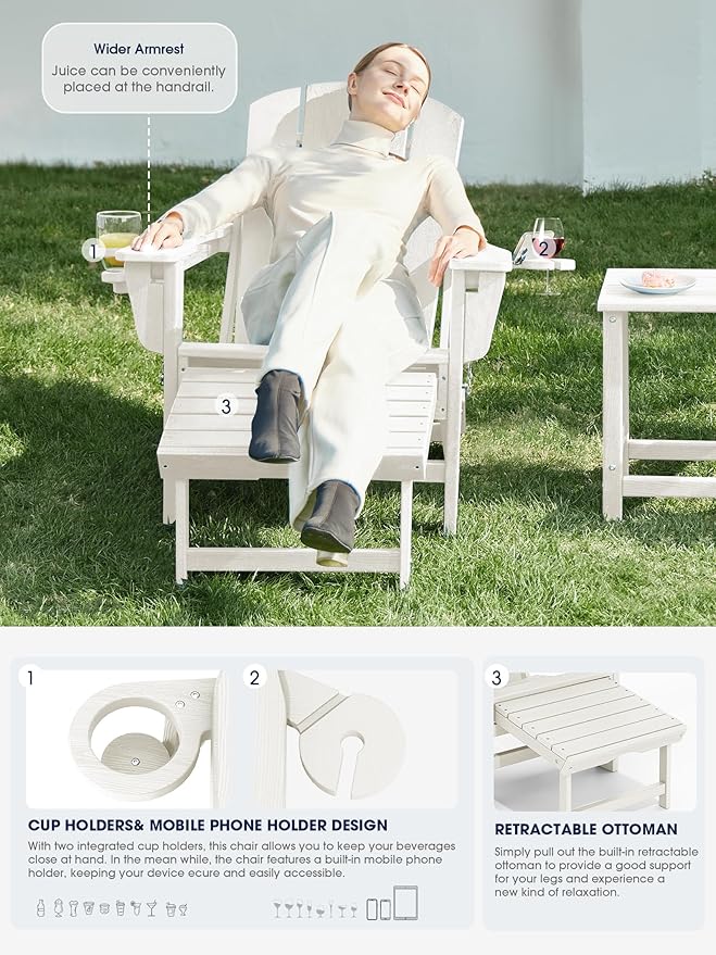 KINGYES Folding Adjustable Adirondack Chair with Ottoman & 2 Cup Holders, HDPE Adirondack Recliner Chair with Footrest, White