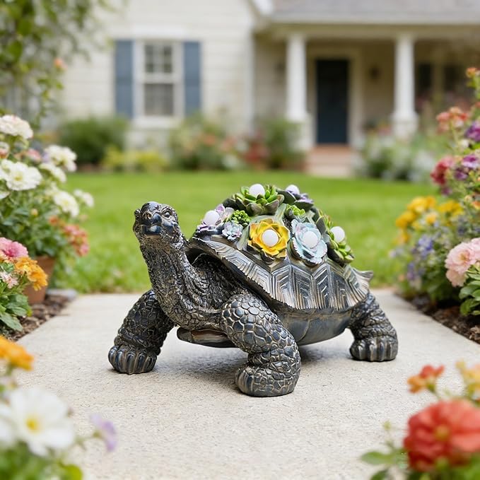 Solar-Powered Succulent Turtle Statue - Resin Garden Decor with LED Lights, Waterproof Outdoor Ornament for Patio, Yard, Lawn - Unique Housewarming Gifts