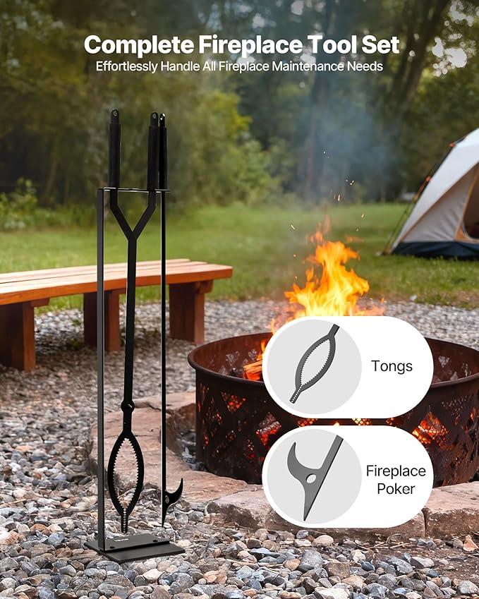 VEVOR Fireplace Tool Set, 3 PCS Fire Tool Set and Holder with Stand, Tongs, Fire Place Poker, Wrought Iron Fireplace Accessories for Campfire Backyard Bonfire Indoor/Outdoor, Black