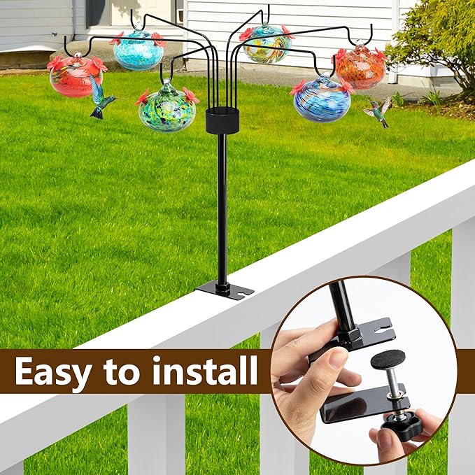 DECOHS Decorative Hummingbird Feeders for Outdoors Hanging with 6 Flower Feeding Ports, Leak Proof Fence Hand Blown Glass Humming Bird Feeders with Shepherd Hook for Window Garden Patio Fence Decor