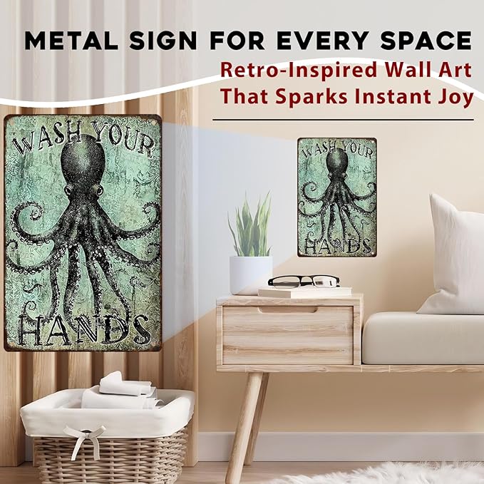Funny Octopus Metal Tin Sign Wash Your Hands Vintage Tin Signs Bathroom Signs Restroom Decor Guest Wall Decor 8x12inch