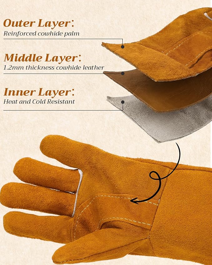 Mepase 4 Pairs Leather Welding Gloves 14 Inch Gardening Gloves for Men Women Heat/fire Resistant Stitching Mitts for Oven/grill/fireplace/furnace/stove/pot Holder/wood Burner/animal Handling, Tan