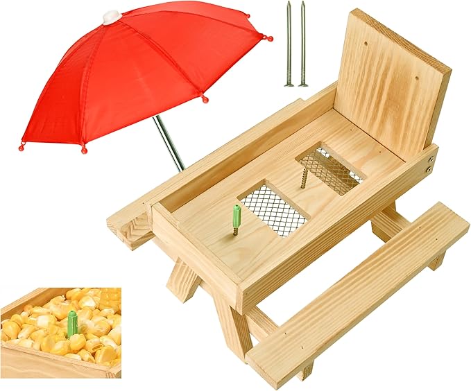 Squirrel Feeder Picnic Table with Umbrella, Wooden Squirrel Feeders for Outside with Corn Cobs Holder Cute Chipmunk Feeder, Easy to Fill with Removable Front Panel
