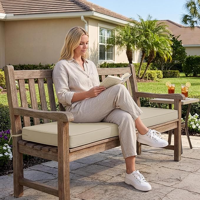 Outdoor Bench Cushion: Waterproof and Fade Resistant Patio Furniture Cushions - Non-Slip Bench Pad Cushion with Removable Cover for Garden Swing Porch Sofa Settee, 48 x 18 x 3 Inch, Beige