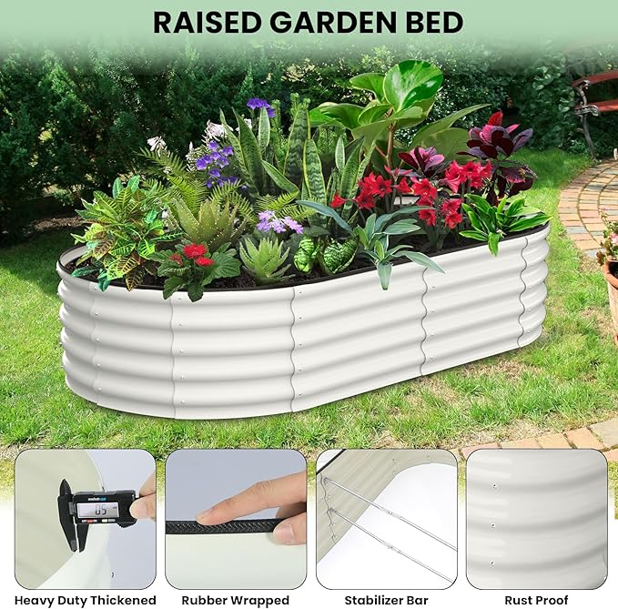 2 Pcs 6x3x1 ft Oval Galvanized Raised Garden Beds, Metal Planter Boxes with Open Base, Tool-Free Assembly for Vegetables, Flowers, Herbs - Outdoor & Patio Use, White