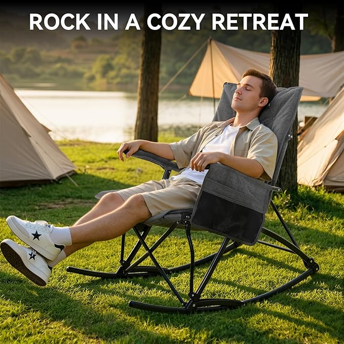 Oversized Rocking Camping Chair Folding Rocking Chair with High Back Padded Outdoor Rocking Chair Heavy Duty Portable Rocker Chair for Camping, Lawn and Patio, Supports Up to 400 lbs, Grey