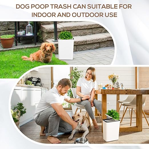Dog Poop Trash Can Outside 3.96 Gal/15 L Plant Styled Dog Waste Trash Can with Lid 50 Pcs Plastic Waste Bags Outdoor Indoor Poop Container Slim Garbage Bin for Yard Garden Pet (White)