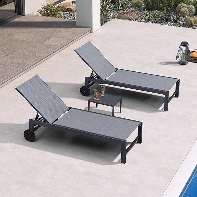 PURPLE LEAF Chaise Lounge Chair with Wheels for Outside 2 Pieces Aluminum Outdoor Chaise Lounge Chairs with 5 Adjustable Position Recliner for Patio Beach Yard Pool Side Table Included Mixed Grey