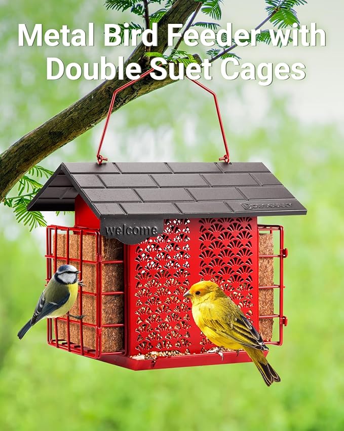 Suet Bird Feeders for Outdoors Hanging, Metal Suet Bird Feeder with Double Suet Cage Cake, 4.9 lbs Large Capacity, Easy to Clean & Refill, Ideal for Wild Birdfeed & Garden Decoration