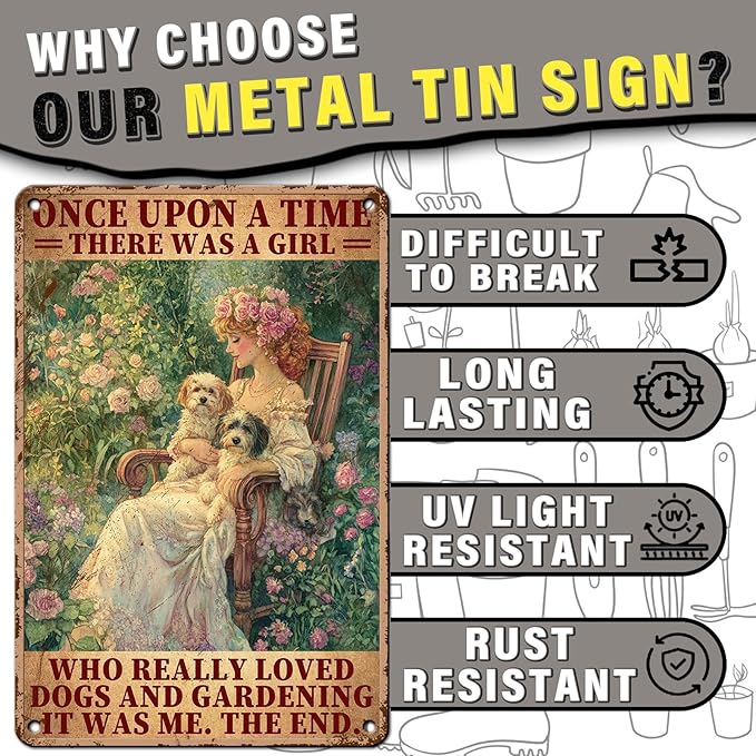 PEACHGARDEN Garden Decor Vintage Metal Sign A Girl Who Really Loved Dogs and Gardening Yard Art Wall Decor for Outdoor Garden Yard Patio 8x12inch