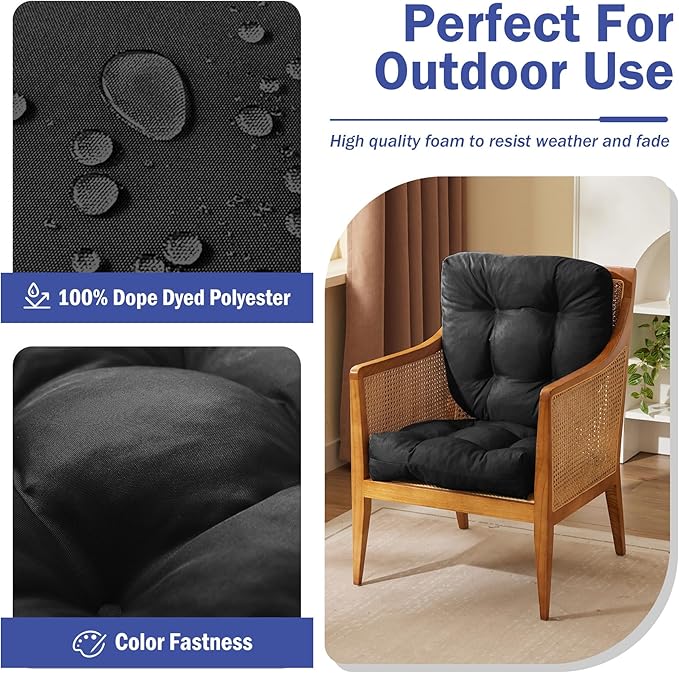 Outdoor Chair Cushions Set of 2, Patio Chair Cushions with Ties,19x19+5” Tufted Outdoor Seat Cushions, Waterproof Patio Furniture Cushions, Outdoor Dining Chair Pads, Black