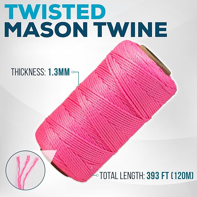 Mason Line String 1.3mm Thick Twisted Polypropylene – Durable Construction Twine for Laying Bricks, Blocks, Fences in Gardening, DIY & Landscaping Projects (Pink, 393 Ft x 6 Pcs)