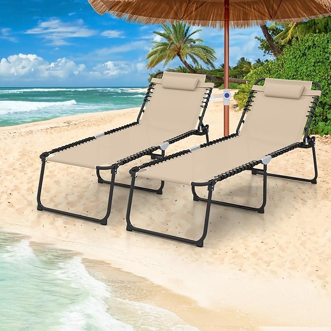 GYMAX Lounge Chair for Outside, 440lbs 27” Oversize Folding Beach Tanning Sunbath Chair with Adjustable Backrest & Removable Pillow, Lightweight Portable Patio Lounger for Lawn Poolside (Sand,2)