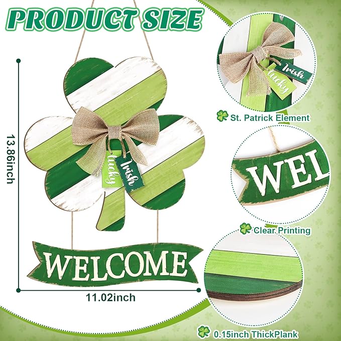 Wooden St Patricks Day Wreaths for Front Door Decoration Shamrock Door Sign with Bow Wall Signs Clover Spring Decoration, Irish Sign Welcome Hanging for Home Decor Party Outdoor Indoor Supply