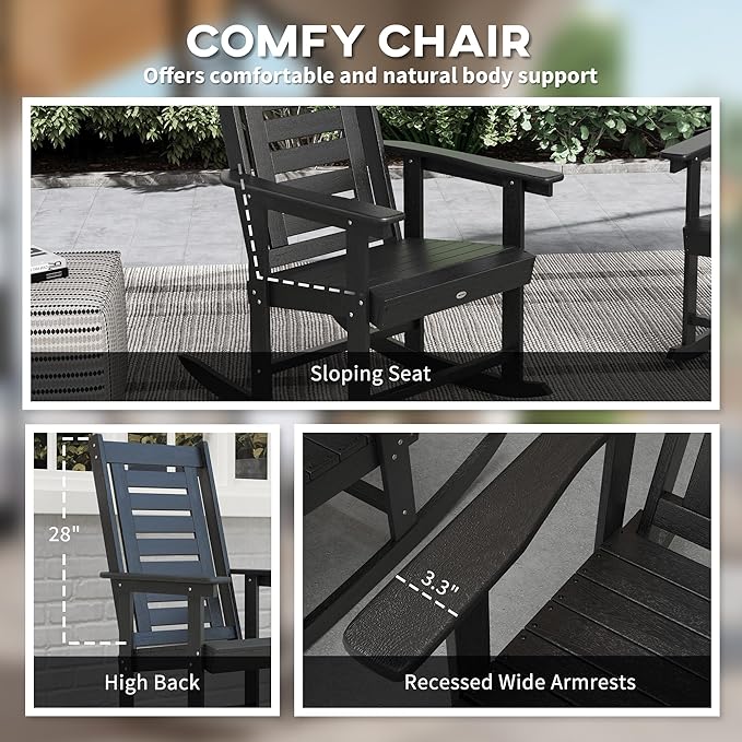 Outsunny Outdoor Rocking Chairs Set of 2, HDPE Patio Rocking Chairs with 28" High Back and Wide Armrests, All-Weather Slatted Porch Rockers for Garden, Balcony, Fire Pit, Black