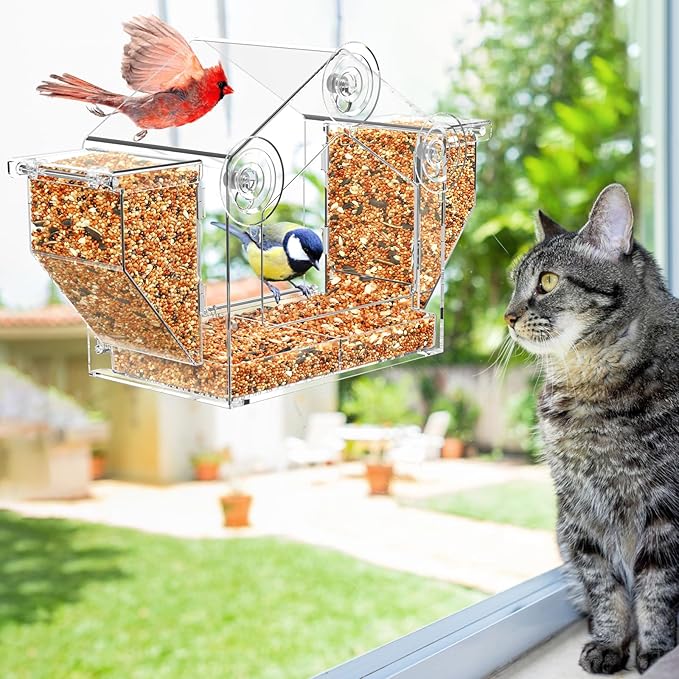Upgraded Window Bird Feeder with Dual Side Hoppers – High Capacity Outside Birdfeeder for Window – Strong Suction Cups & Adhesive Options, Close-up Viewing for Indoor Cats & Seniors, Ideal Nature Gift