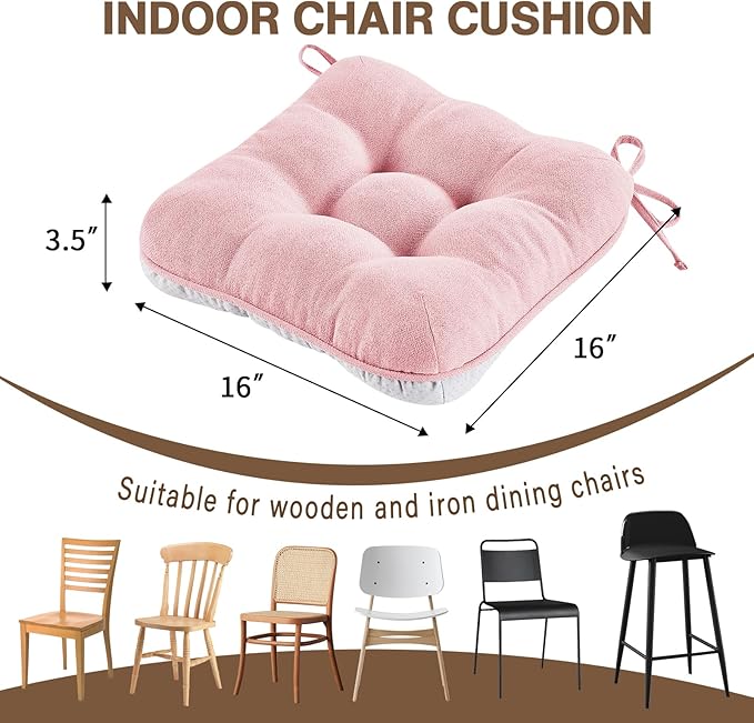 BETU Pink Chair Cushions for Dining Chairs Set of 2,3.5" Thick Kitchen Table Chair Pads with Ties,Non Slip Backing and Covers, Seat Cushion for Dining Room,Bar,Patio Chairs,16"X16"X3.5",Pink