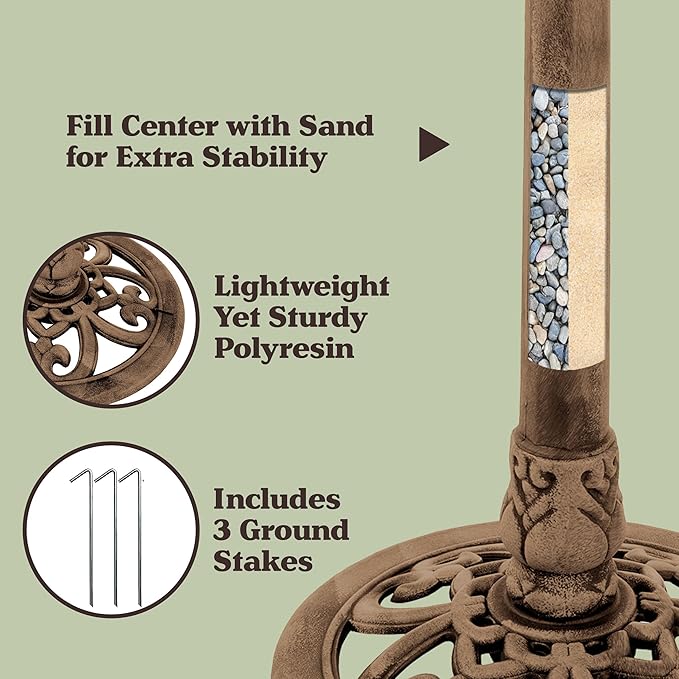 Pure Garden 50-LG1074 Antique Bird Bath-Weather Resistant Resin Birdbath with Vintage Scroll Design, 3 Ground Stakes for Garden, Outdoor Decor (Bronze)