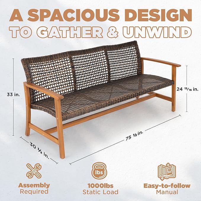 IDZO 1000lbs Capacity, FSC Certified 3 Seater Patio Couch with Upgraded 2000Hours UV Resistant Wicker, Teak Finish Furniture Set, Trinite Acacia Outdoor Sofa_Brown