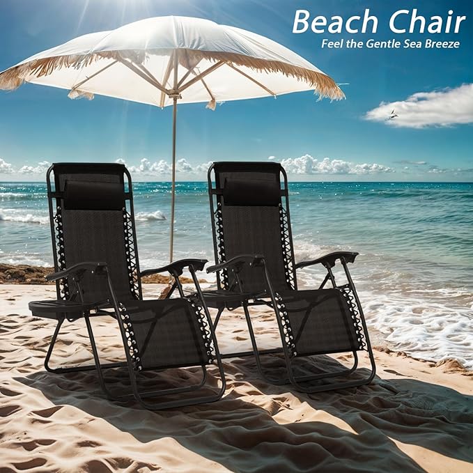 Zero Gravity Chairs, Portable Folding Reclining Lounge Chairs with Adjustable Pillow and Cup Holder Trays for Outdoor, Patio, Beach, Camping, Garden, Poolside, Black