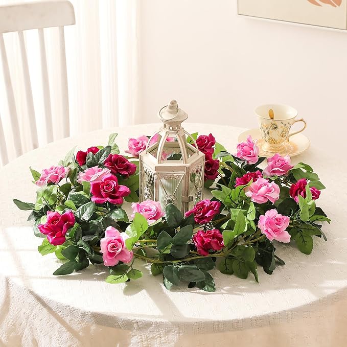 JUSTOYOU 2 Pack (15.8FT) Fake Rose Garland, Artificial Rose Vines Flowers Hanging Silk Rose Vine Wedding Home Backdrop Party Arch Arrangement Decoration