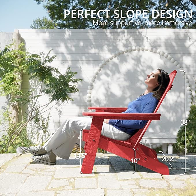 LUE BONA Folding Adirondack Chair Set of 2, Bright Red HDPS Weather Resistant Outdoor Chair with Cup Holder for Patio Party Fire Pit