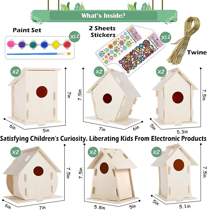 24 Pack Large DIY Bird Houses Kits for Kids, Kids Craft Kits Wood Houses for DIY Crafts Class Parties, 24 Birdhouse Kits with 24 Paint Strips & Paintbrushes & Stickers for Children to Build & Paint…