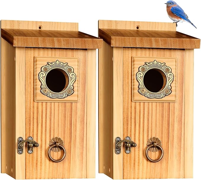 Premium Pack of 2 Bluebird Houses for Outside, Garden Bird Houses for Outdoor, Vintage Metal Predator Guard, Birdhouse Gift, Weatherproof Coating Bird Nesting, Assembly Required