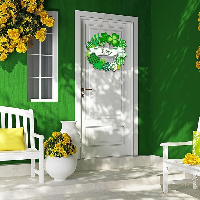 St. Patrick's Day Shamrock Door Sign, 11.5" Shamrocks Welcome Sign For Front Door Spring Rustic For Happy St. Patrick's Day Party Front Door Wall Home Decorations with Rope Outdoor Indoor Decor