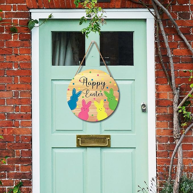 Anyako Happy Easter Yellow Door Sign For Front Door Decor,Cute Bunny Colored Polka Dots Wooden Sign 12"x 12" Round Hanging Spring Summer Door Sign Decoration for Wall Rustic Decor