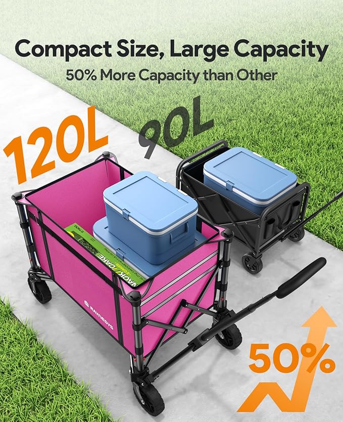 3 in 1 Collapsible Wagon Converts to Bench, 220lbs Foldable Wagon Cart with Wheels, 120L Shopping Cart for Groceries Folding Utility Wagon for Beach, Garden, Camping, Sport, Wheelbarrows, Pink