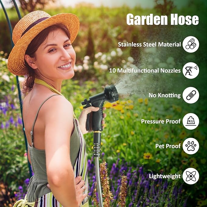 100 FT Metal Garden Hose, Stainless Steel Heavy Duty Water Hose With 10 Function Nozzles, Flexible No-Kink, Pet-Proof, Puncture-Proof Rust-Proof for Yard, Outdoors