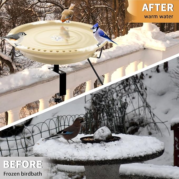 Daoeny Heated Bird Baths for Outdoors, Upgraded 100W Thermostatically Controlled Heated Bird Bath Deicer Deck Mounted, Heated Bird Bath Bowl for Deck Railing Winter Garden Yard Patio (Khaki)