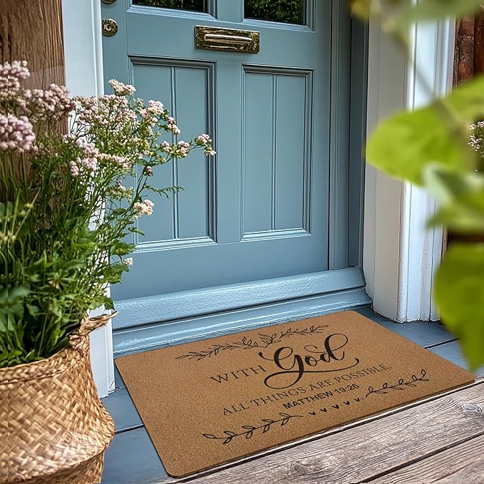 Christian Door Mat Doormat, Bible Verse Welcome Front Door Mat Indoor Outdoor Entrance, with God All Things are Possible Artificial Coir Doormats Rugs for Porch Entryway Home Decor 30x17in