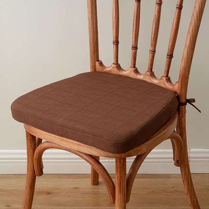 Battilo Chair Cushions for Dining Chairs with Ties, Indoor/Outdoor Kitchen Chair Pad with Non-Slip Backing, Dining Seat Cushion with Machine Washable Removable Cover, 16"x16"x2", Set of 2, Brown