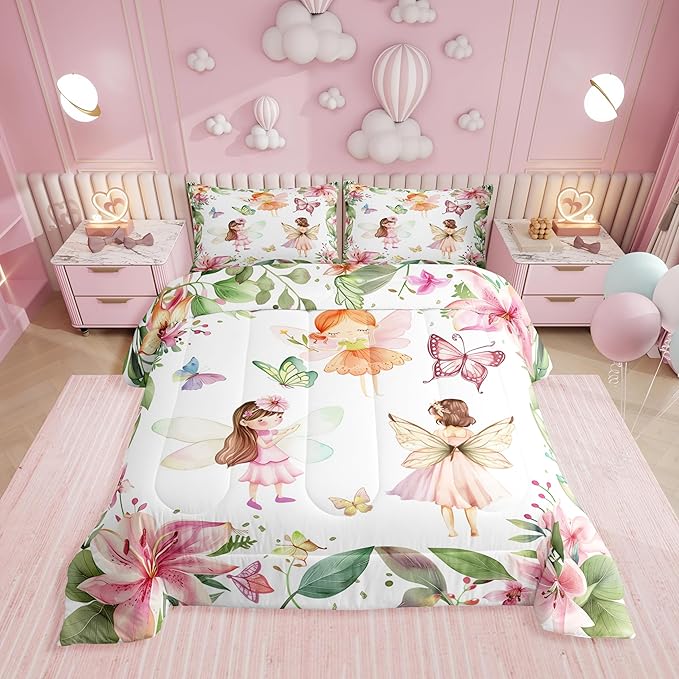 Erosebridal Fairy Garden Queen Bedding Set,Pink Floral Butterfly Comforter Set for Girls Kids,Dreamy Flower Girly Comforter,Coquette Flowers Bedroom Room Decor,2 Pillowcases Lightweight