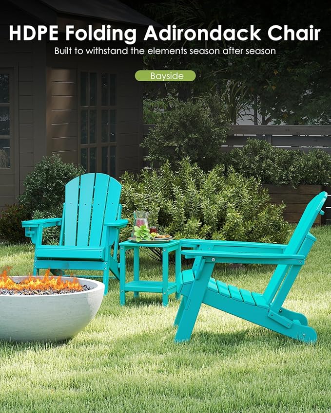 GREENVINES Folding-Adirondack-Chairs-Set-of-2 | HDPE Plastic | Fire Pit Chair | All Weather | Cup Holder | Aqua | for Deck Backyard Patio Outdoor Garden