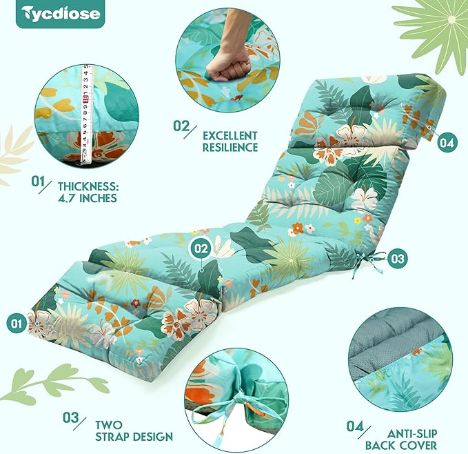 Outdoor Chaise Lounge Chair Cushion Set of 4, Waterproof 74.4 x 22 x 4.7 Inches Memory Foam Thickened Lounge Chair Cushions Replacement for Outdoor Furniture with Ties, Cyan Floral Leaf